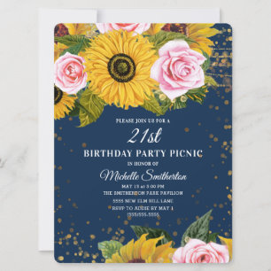Invitación Girasoles Rosas Rosadas Dorado Brillo Cumpleaños 2