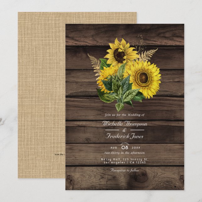 Invitación Girasoles Rústicos Código QR RSVP Boda de Campo (Anverso / Reverso)