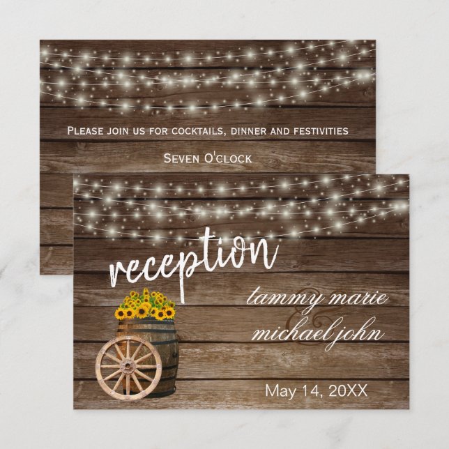 Invitación Girasoles Rústicos de Barril de Madera - Recepción (Anverso / Reverso)