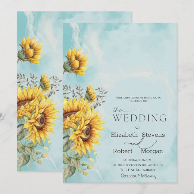 Invitación Girasoles Rústicos Elegantes Boda Azul  (Anverso / Reverso)