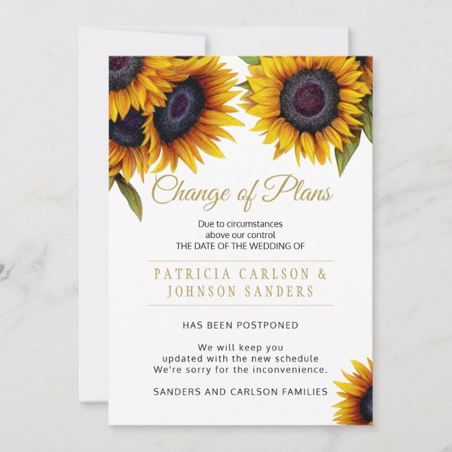 Invitación Girasoles rústicos elegantes cambio de planes para (Anverso)