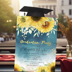Invitación Girasoles Rústicos, Luces de Hojas Graduación