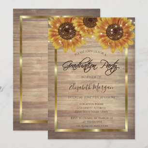 Invitación Girasoles Rústicos, Luces, Fiesta de Graduación de