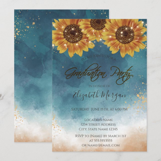 Invitación Girasoles Rústicos, Luces Graduación (Anverso / Reverso)