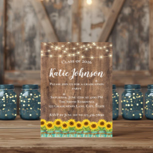 Invitación Girasoles Rústicos y Frasco de Mason Azul de Gradu