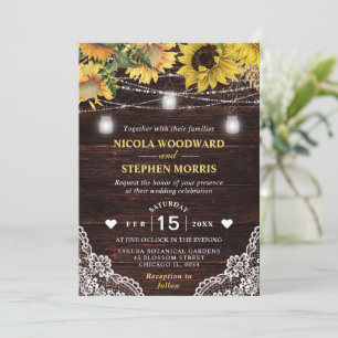 Invitación Girasoles Rústicos y Luces en Tarros de Mason para