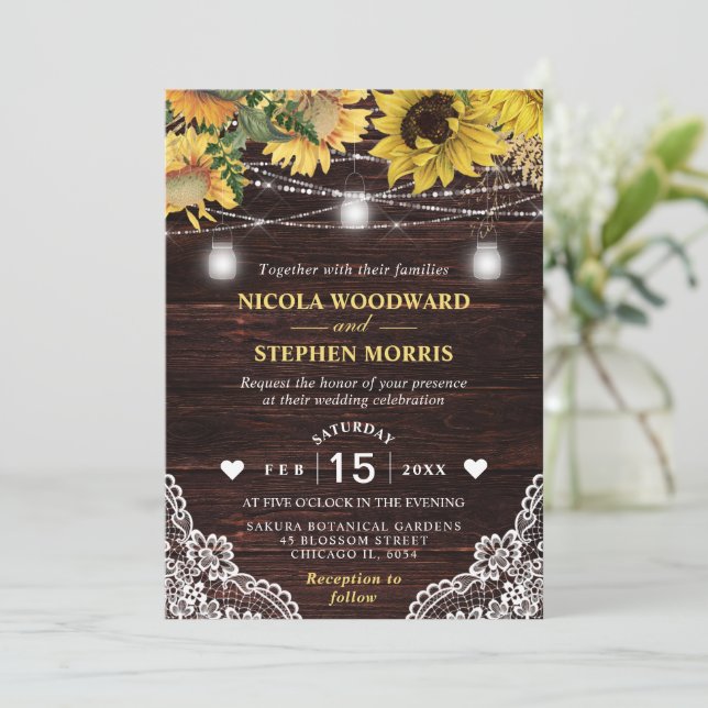 Invitación Girasoles Rústicos y Luces en Tarros de Mason para (Anverso de pie)