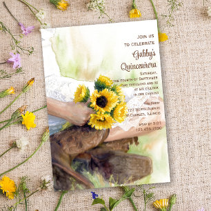 Invitación Girasoles Vaquera Sol Poniente Quinceañera Aquarel