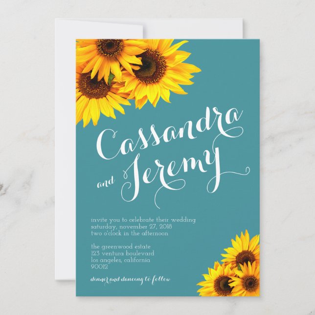 Invitación Girasoles verde azulados y amarillos que casan la (Anverso)