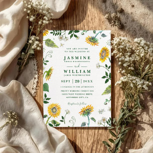 Invitación Girasoles Verde Naturaleza Código QR Elegante Boda