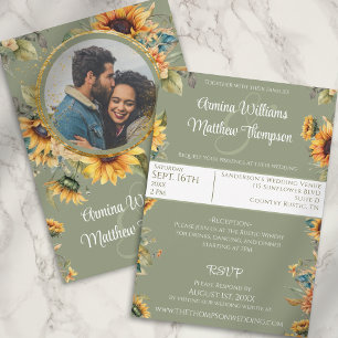 Invitación Girasoles Verde Salvia Foto Boda Con RSVP