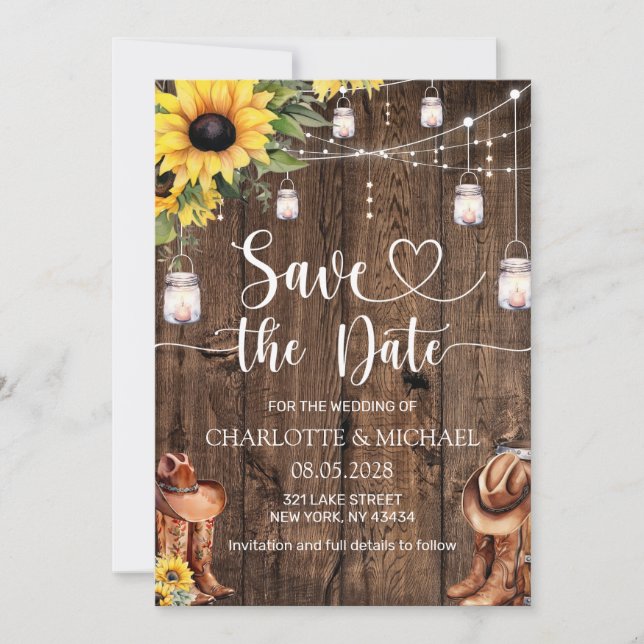 Invitación Girasoles Western Save the Date Boda (Anverso)
