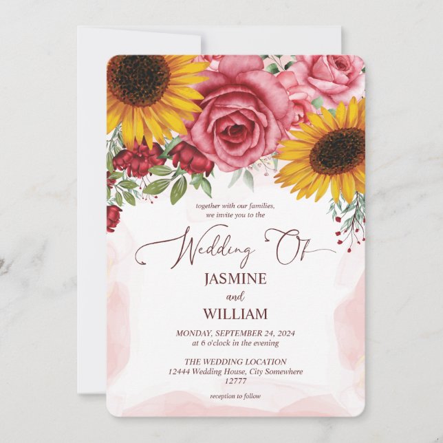 Invitación Girasoles y Boda floral de Rosas Rojas Borgoñonas (Anverso)