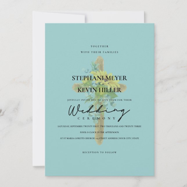Invitación Girasoles y eucalipto Boda Verde azulado cruzado d (Anverso)
