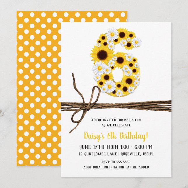 Invitación Girasoles y margaritas Cumpleaños 6 SEXTO (Anverso / Reverso)