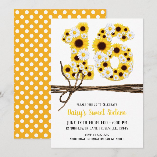 Invitación Girasoles y margaritas Cumpleaños DIECISÉIS 16 Fie (Anverso / Reverso)
