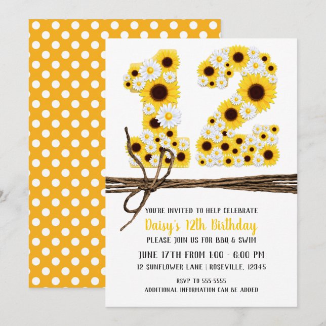 Invitación Girasoles y margaritas Cumpleaños número 12 (Anverso / Reverso)