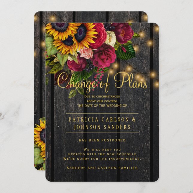 Invitación Girasoles y rosas caen boda cambio de planes (Anverso / Reverso)
