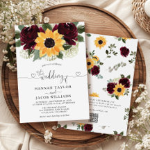 Girasoles y Rosas Código QR Bodas Rojo Burdeos