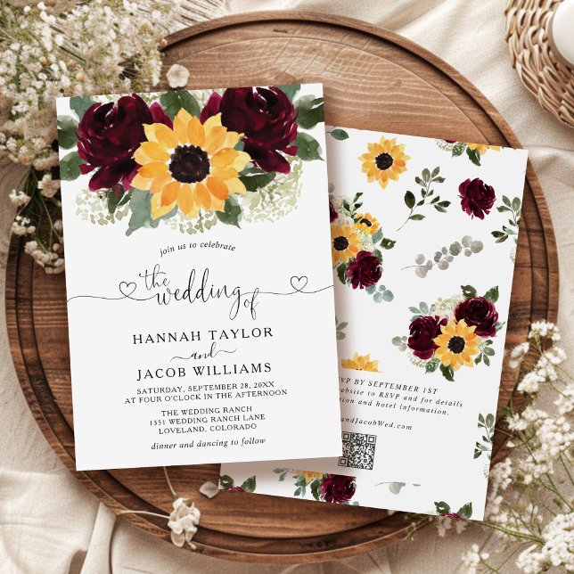 Invitación Girasoles y Rosas Código QR Bodas Rojo Burdeos (Subido por el creador)
