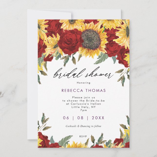 Invitación girasoles y rosas rojas ducha de novia floral (Anverso)