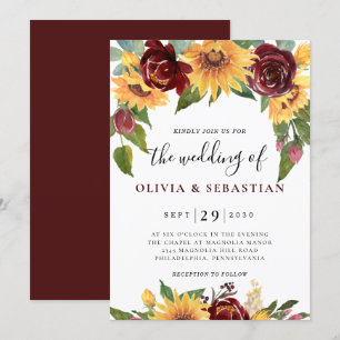 Invitación Girasoles y Rosas Verde Esmeralda y Rojo Burdeos p