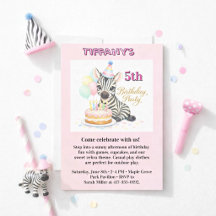 Girl 5th Birthday Party with Zebra Invitation