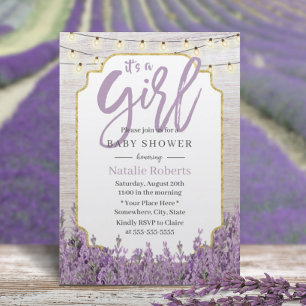 Invitación Girl Baby Shower Rustic Lavender String Lights