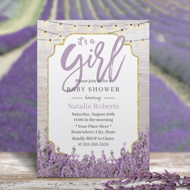 Invitación Girl Baby Shower Rustic Lavender String Lights (Subido por el creador)