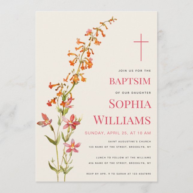 Invitación  Girl Baptism Floral Watercolor Wildflowers (Anverso)