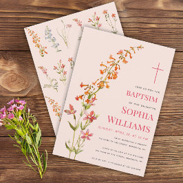 Invitación  Girl Baptism Pink Floral Watercolor Wildflowers