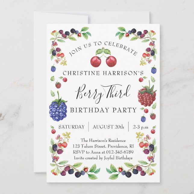 Invitación Girl Berry Third Birthday Party (Anverso)