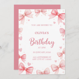 Invitación Girl Birthday Invitation Pink Bow Sweet Kids Party