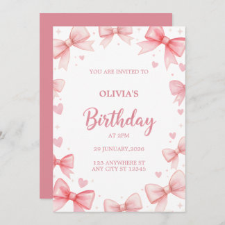 Invitación Girl Birthday Invitation Pink Bow Sweet Kids Party