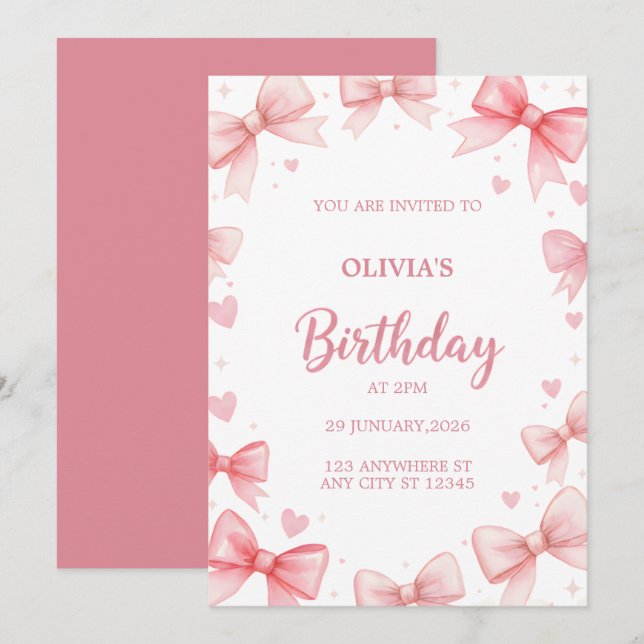 Invitación Girl Birthday Invitation Pink Bow Sweet Kids Party (Anverso / Reverso)