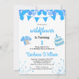 Invitación Girl Blue Bear 1st Birthday Invitation Card