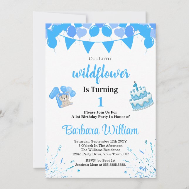 Invitación Girl Blue Bear 1st Birthday Invitation Card (Anverso)