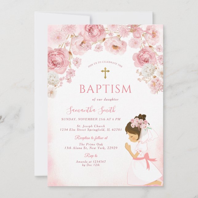 Invitación Girl Blush Pink Bow Floral Cross Girl Baptism (Anverso)