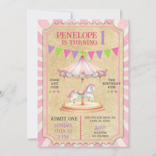 Invitación Girl carnival merry go round birthday invite. (Anverso)