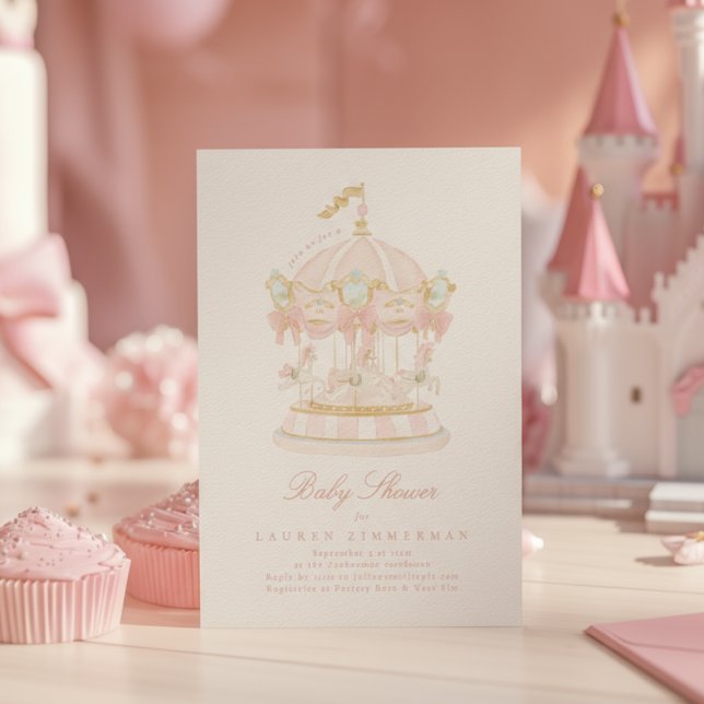 Invitación Girl Carousel Fairytale Bows Pink Baby Shower (Subido por el creador)