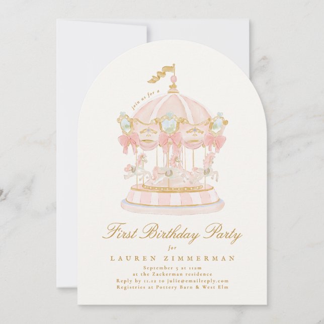 Invitación Girl Carousel Fairytale Cream Arch Birthday Party (Anverso)