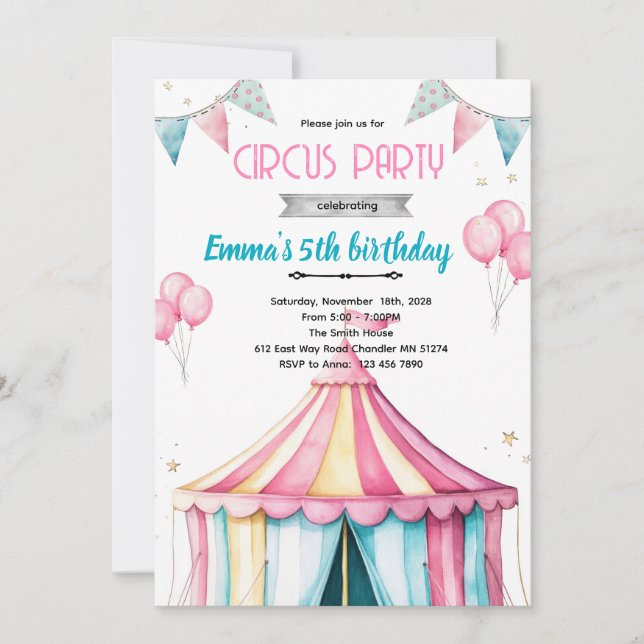 Invitación Girl circus party theme invitation (Anverso)