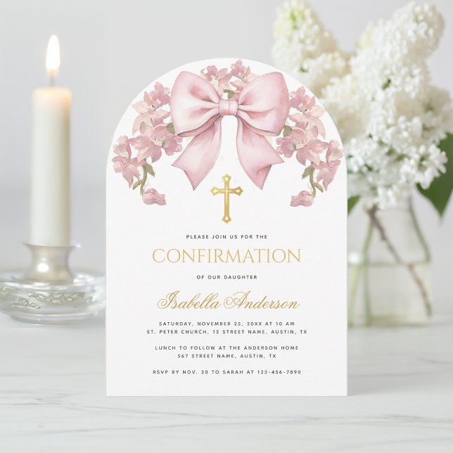 Invitación Girl Confirmation Pink Bow Floral & Cross Elegant  (Subido por el creador)