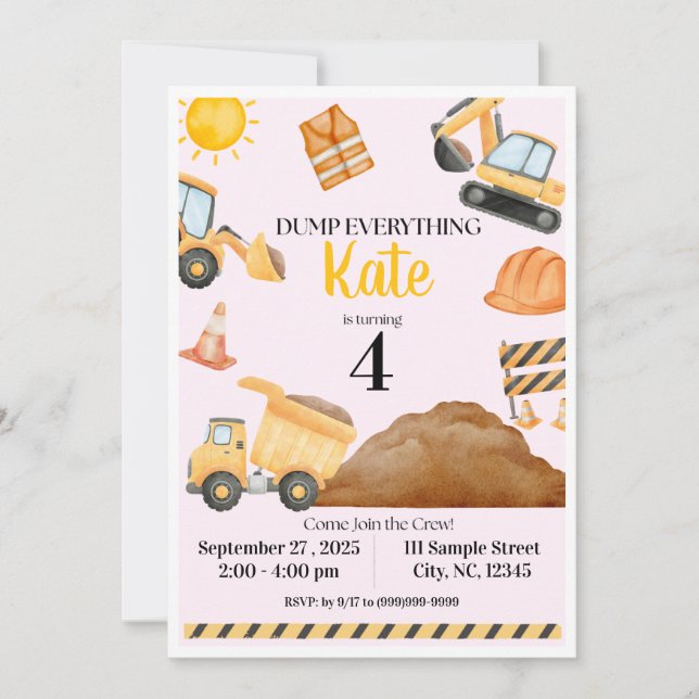 Invitación Girl Construction Birthday Invitation (Anverso)