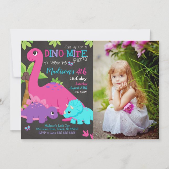 Invitación Girl Dinosaur Photo Birthday Invitation Dino Party (Anverso)