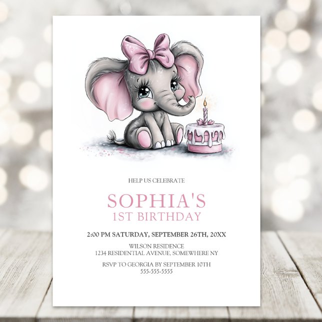 Invitación Girl Elephant 1st Birthday Party Invitation (Subido por el creador)
