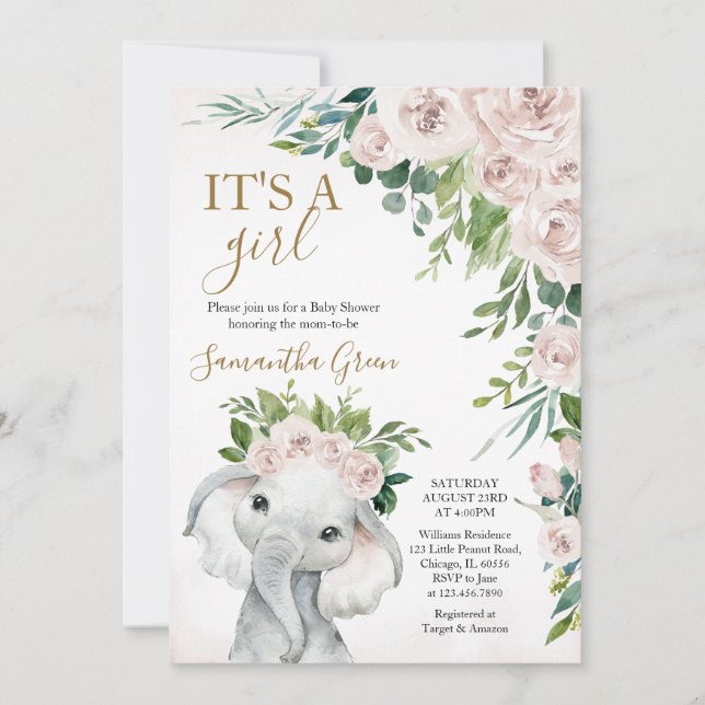 Invitación Girl Elephant Baby Shower (Anverso)