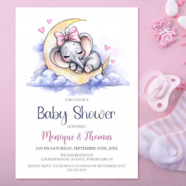 Invitación Girl Elephant Moon Baby Shower (Subido por el creador)