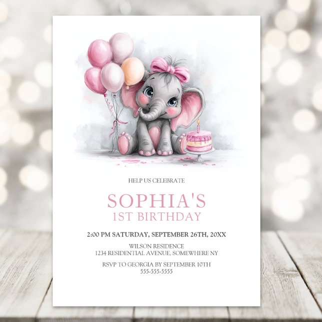 Invitación Girl Elephant with Balloons 1st Birthday Party (Subido por el creador)