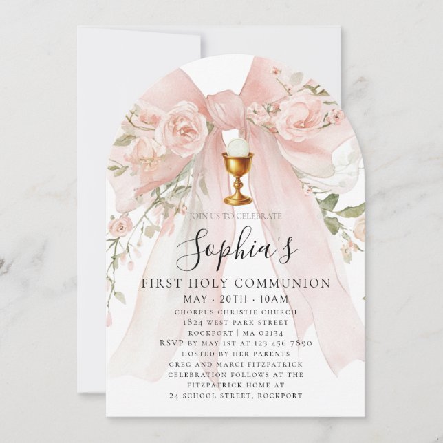 Invitación Girl First Holy Communion Pink Bow Roses Arch (Anverso)